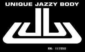 Black background with white logo and text 'UNIQUE JAZZY BODY' and 'RN: 11/858'.