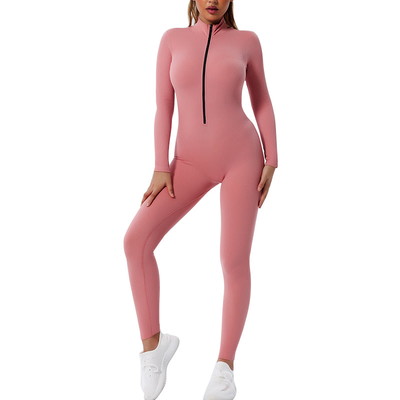 UJB Urtle Neck Solid Color Long Sleeve Half Zip Up Jumpsuit MH133746