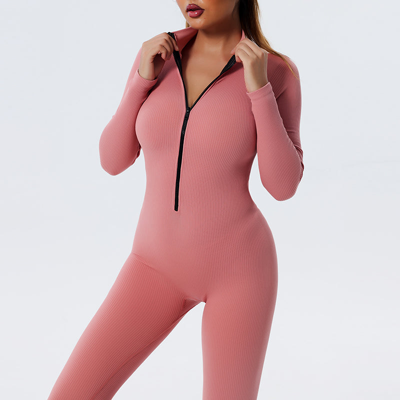 UJB Urtle Neck Solid Color Long Sleeve Half Zip Up Jumpsuit MH133746