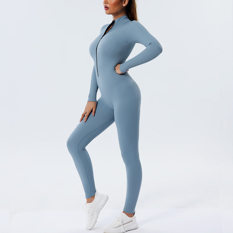 UJB Urtle Neck Solid Color Long Sleeve Half Zip Up Jumpsuit MH133746