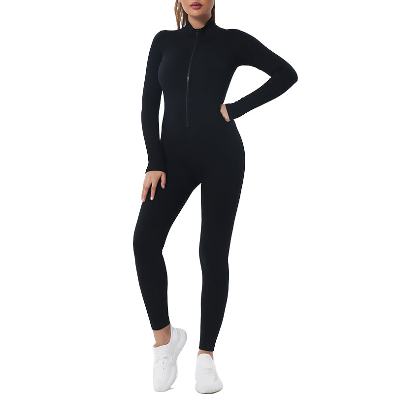 UJB Urtle Neck Solid Color Long Sleeve Half Zip Up Jumpsuit MH133746