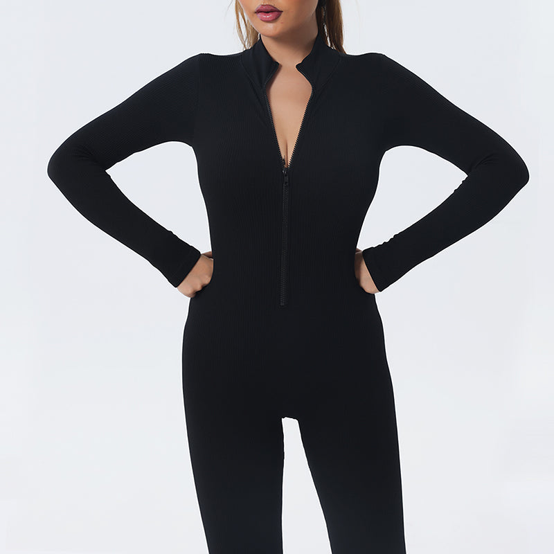 UJB Urtle Neck Solid Color Long Sleeve Half Zip Up Jumpsuit MH133746