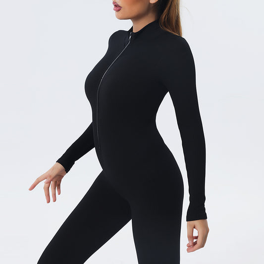 UJB Urtle Neck Solid Color Long Sleeve Half Zip Up Jumpsuit MH133746