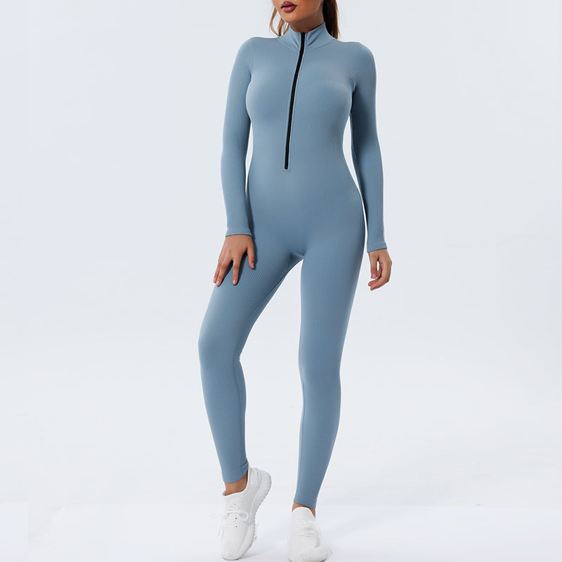 UJB Urtle Neck Solid Color Long Sleeve Half Zip Up Jumpsuit MH133746