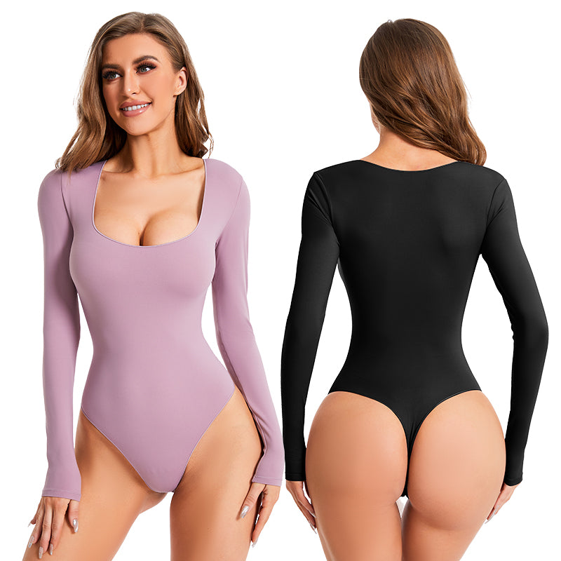 Fits Everybody Long Sleeve Square Neck Thong Bodysuit MT000359PU