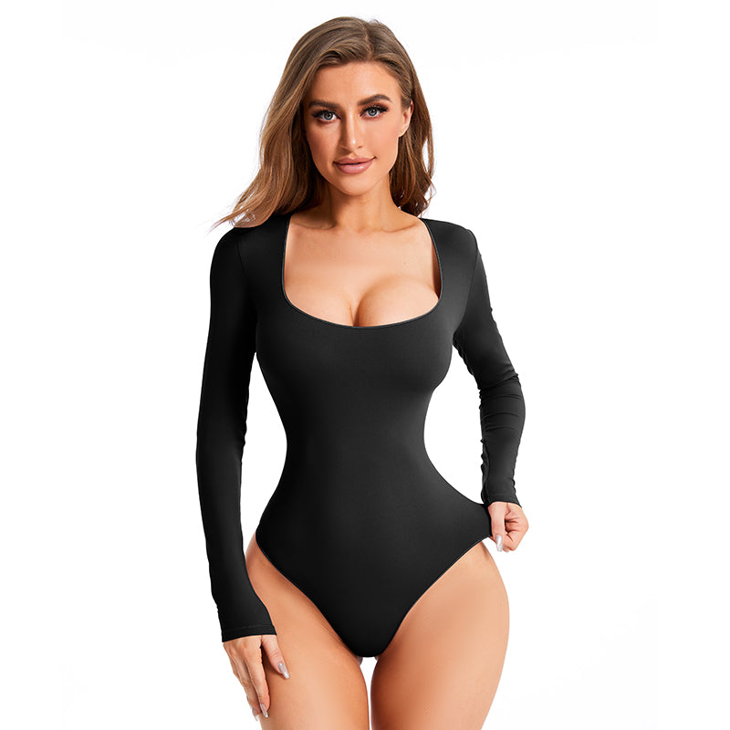 Fits Everybody Long Sleeve Square Neck Thong Bodysuit MT000359PU