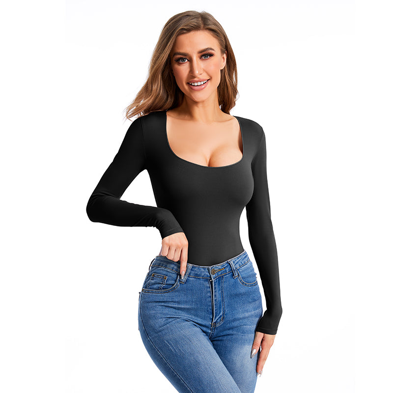 Fits Everybody Long Sleeve Square Neck Thong Bodysuit MT000359PU