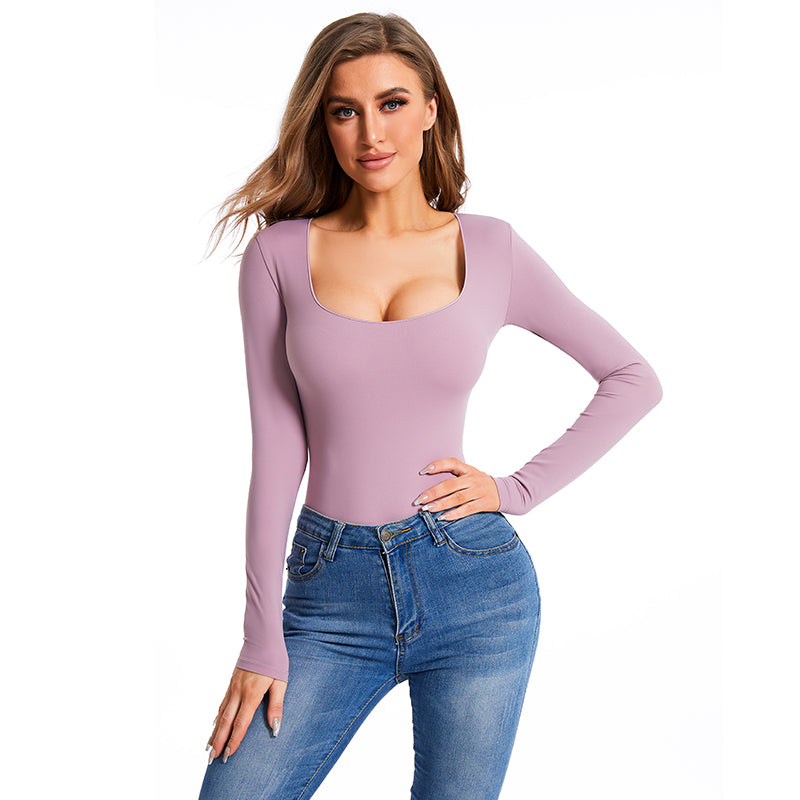 Fits Everybody Long Sleeve Square Neck Thong Bodysuit MT000359PU